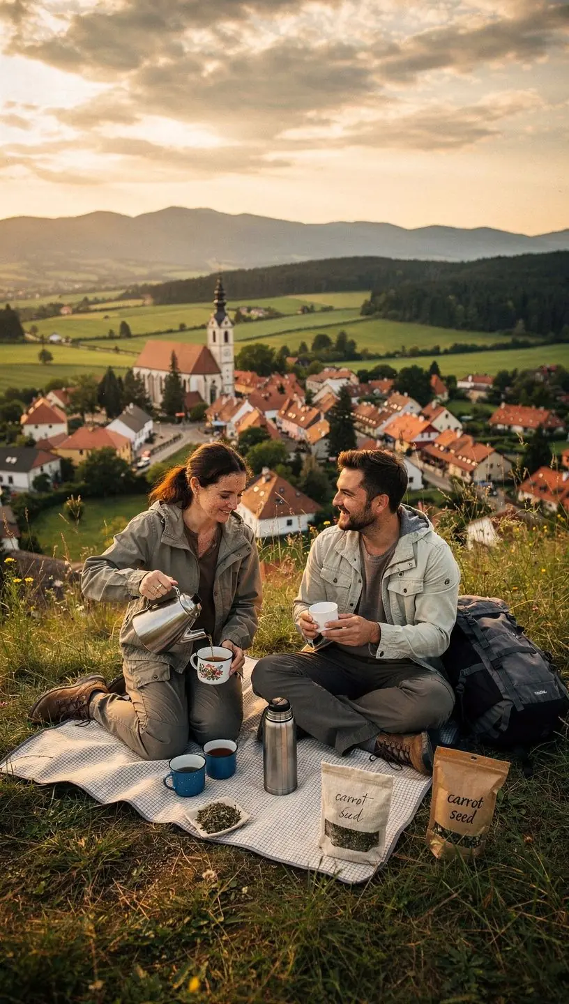 Čaj z mrkvových semien v šálke s jemnou parou stúpajúcou do vzduchu.