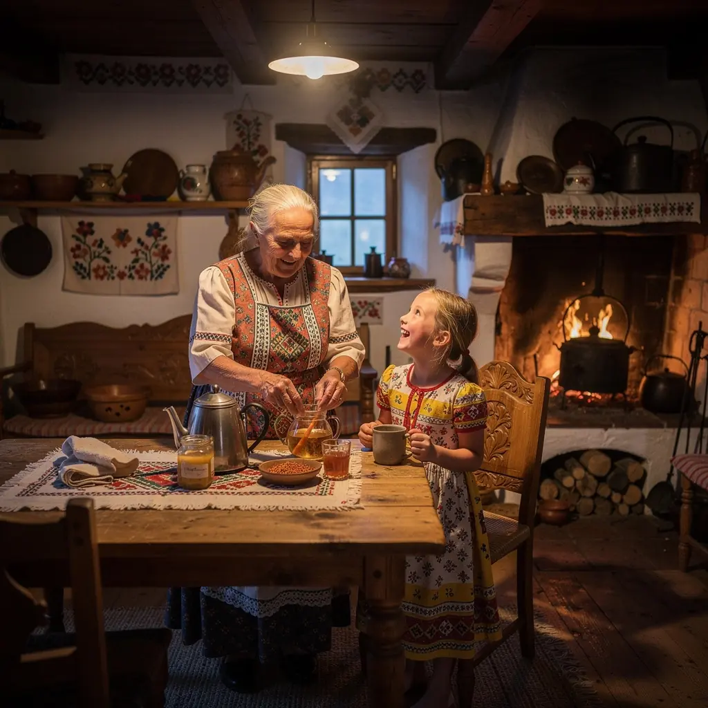 Šálka čaju z mrkvových semien obklopená čerstvými bylinkami a medom.