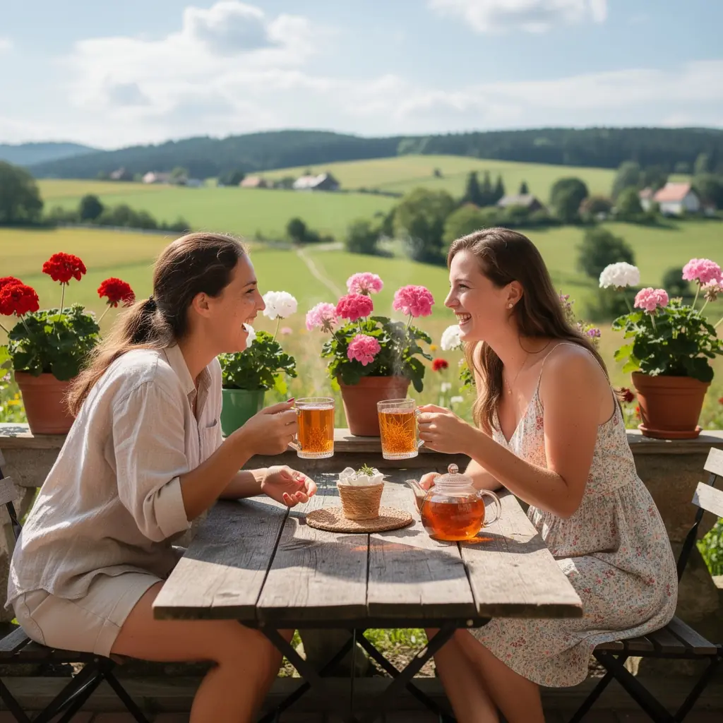 Záber na čajovú kanvicu, z ktorej sa leje čaj z mrkvových semien do šálky.